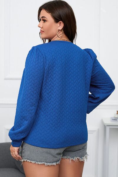 Women's Isla Cobalt Blue Plus Size Textured Round Neck Long Sleeve Top