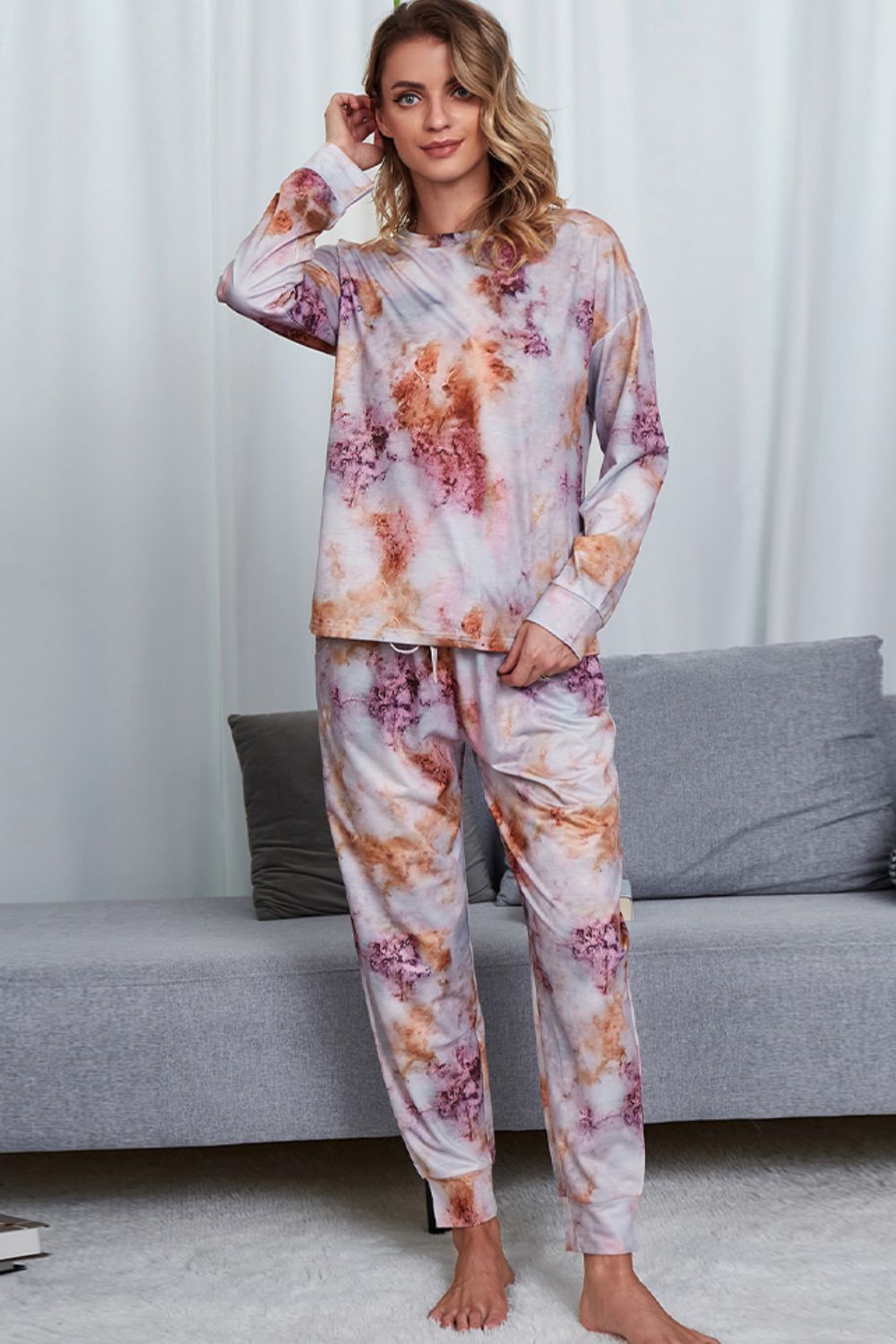 Women's Tie-Dye Crewneck Top and Drawstring Waist Joggers Lounge Set