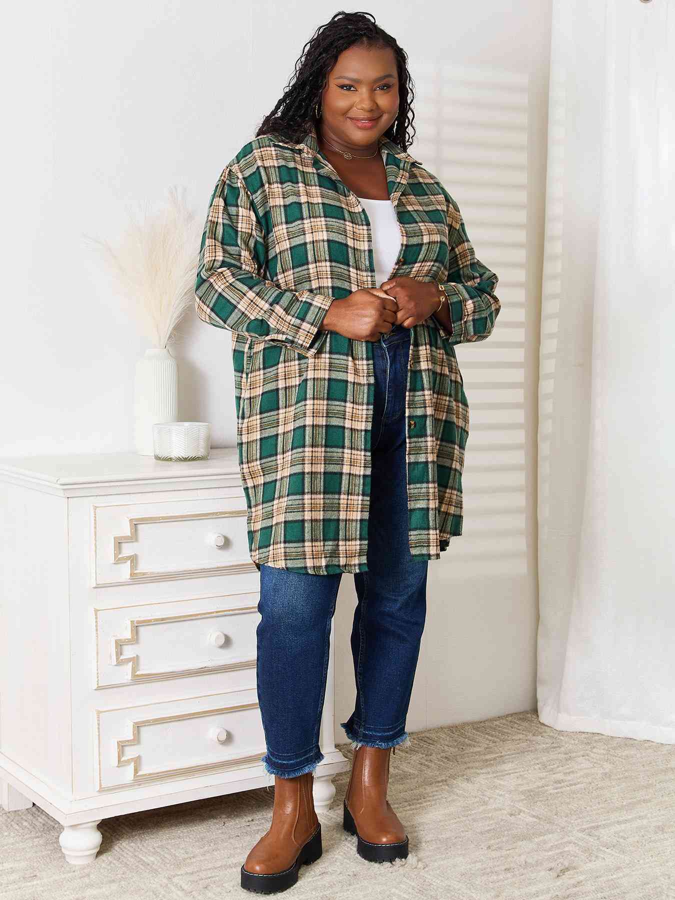 Double Take Plaid Collared Neck Long Sleeve Shirt *