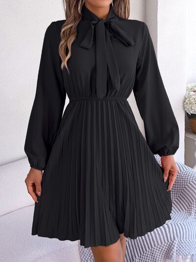 Women's Obsessed Tie Neck Balloon Sleeve Pleated Dress