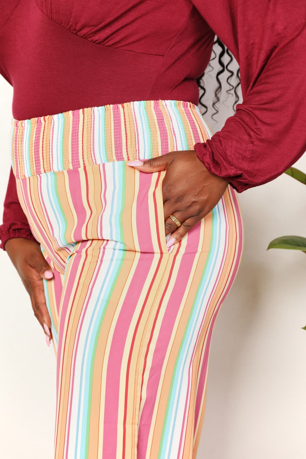 Double Take Striped Smocked Waist Pants with Pockets *