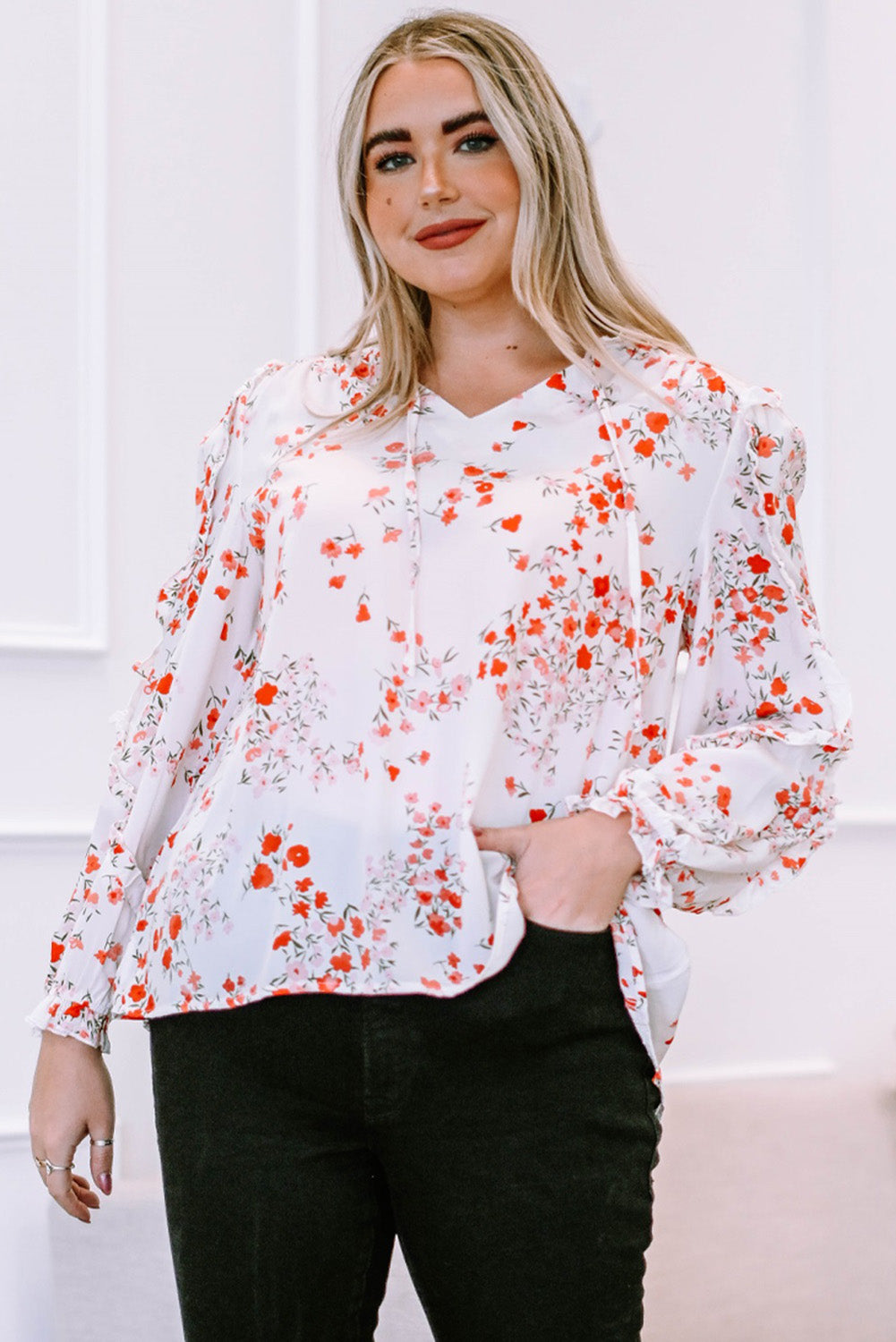 Women's Plus Size Floral Tie Neck High-Low Blouse