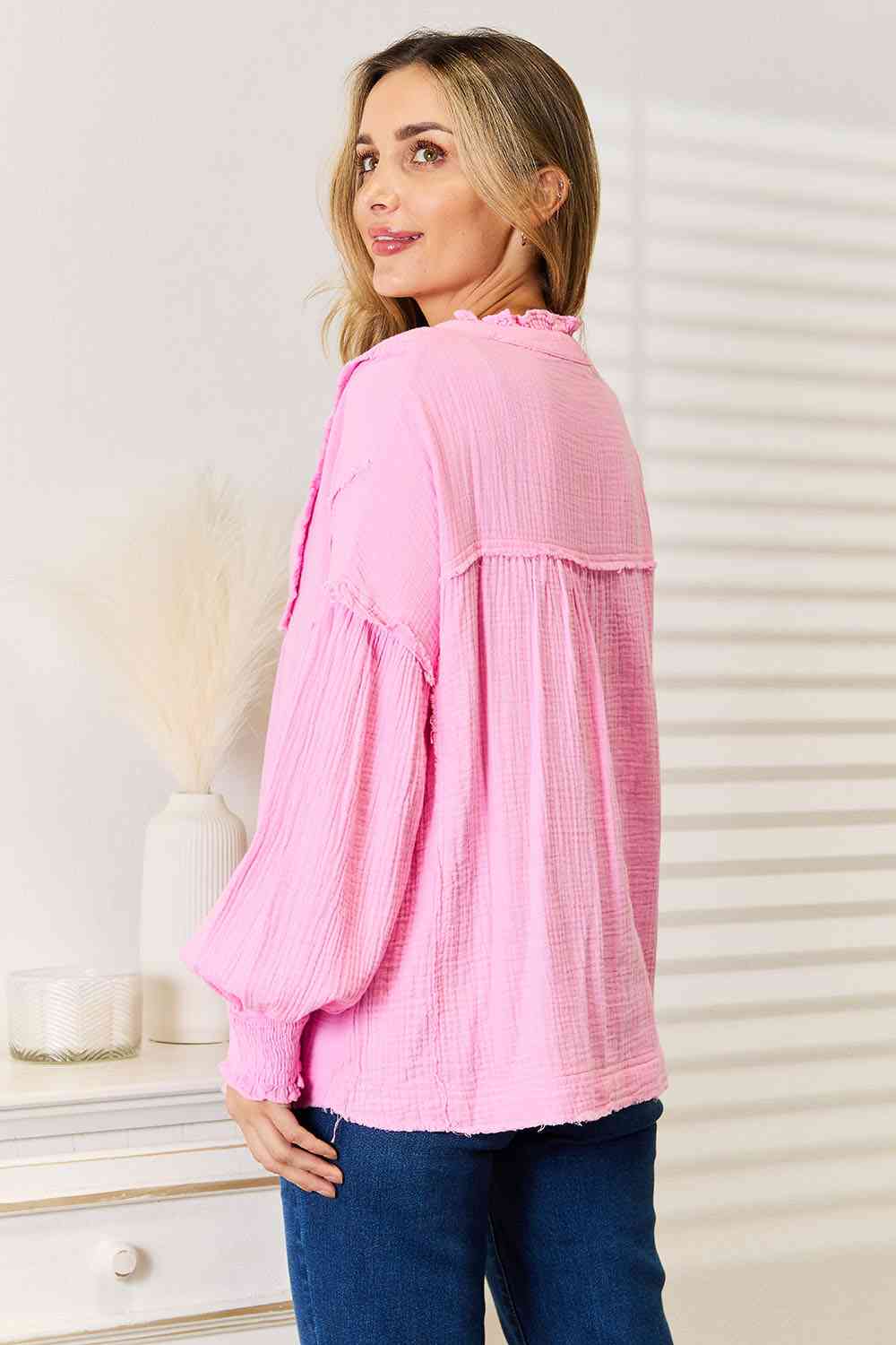 Double Take Exposed Seam Buttoned Notched Neck Blouse *