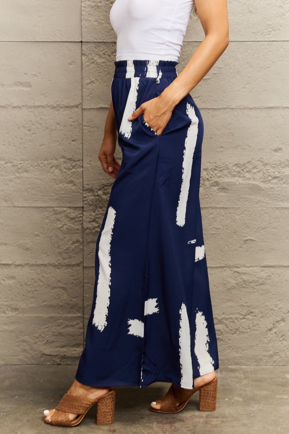 Navy Blue Printed Wide Leg Long Pants