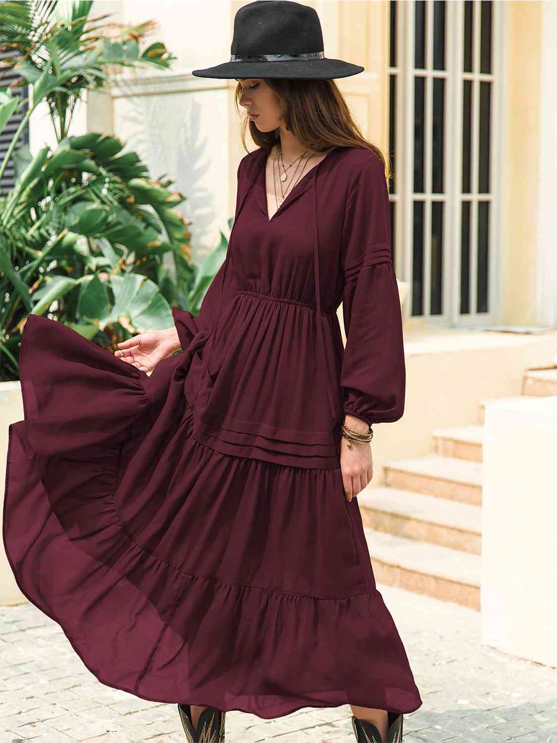 Amelia Tie Neck Long Sleeve Midi Tiered Dress