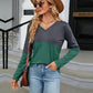 Full Size V-Neck Long Sleeve Two-Tone T-Shirt
