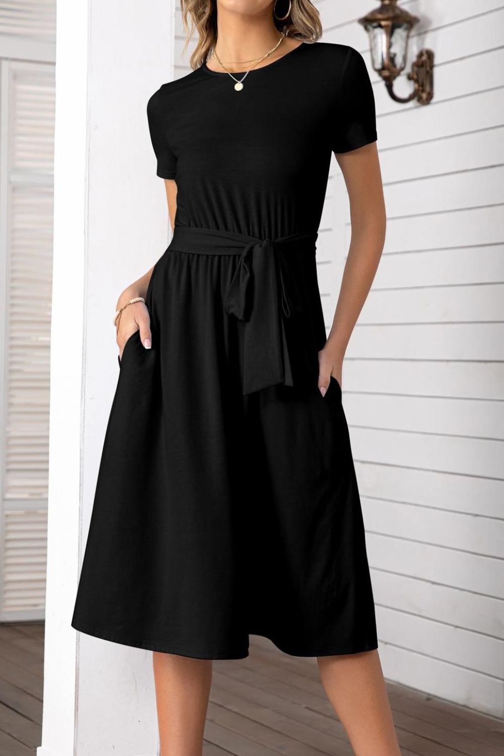 Full Size Belted Tee Dress With Pockets