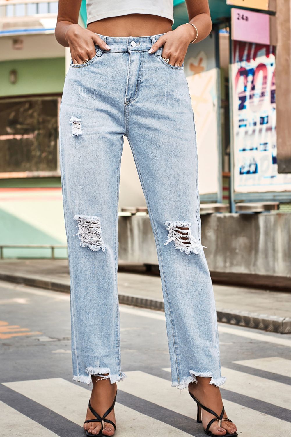 FIT RAGGED DENIM Distressed Buttoned Loose Fit Jeans