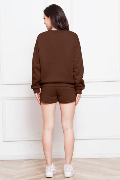 Comfy n' Cozy Round Neck Long Sleeve Sweatshirt and Drawstring Shorts Set