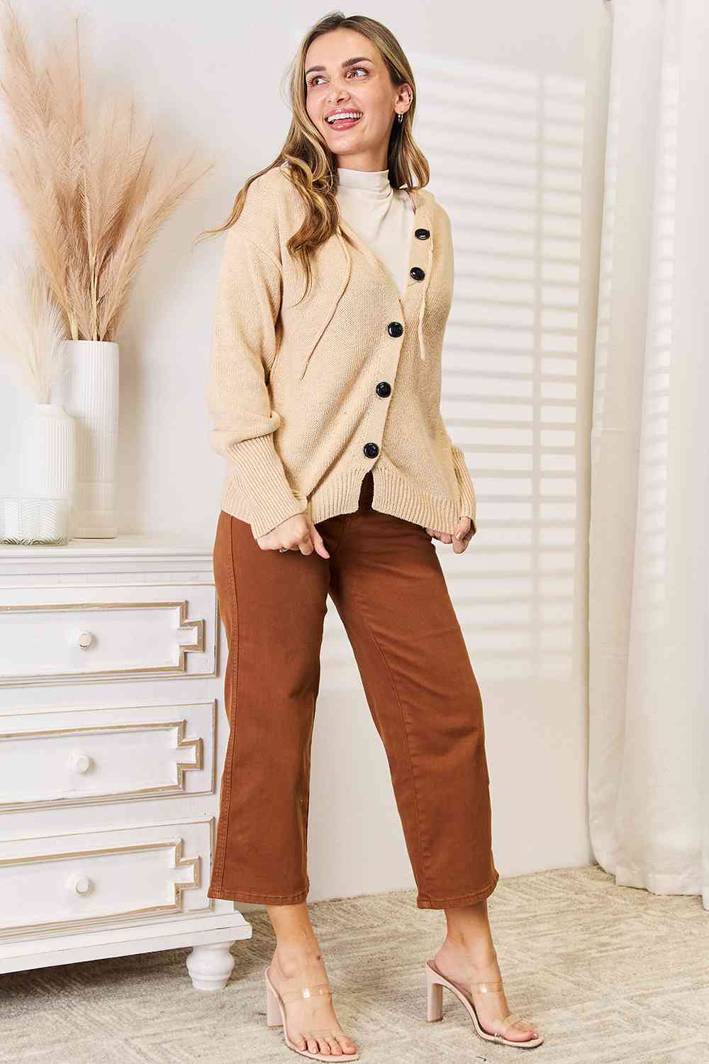 Woven Right Button-Down Long Sleeve Hooded Sweater *