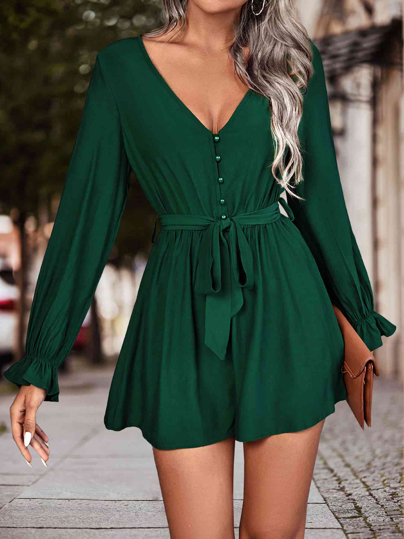 BodatiousJumpers Long Flounce Sleeve V-Neck Romper