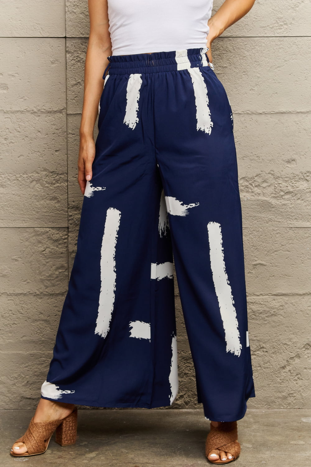 Navy Blue Printed Wide Leg Long Pants