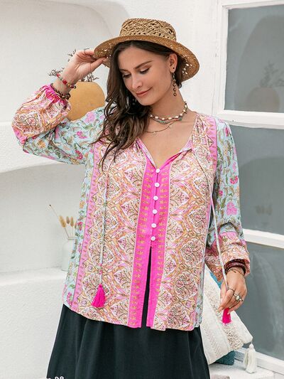 Women's Jasira Plus Size Tie Neck Tassel Printed Blouse