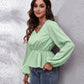 V-Neck Balloon Sleeve Peplum Blouse