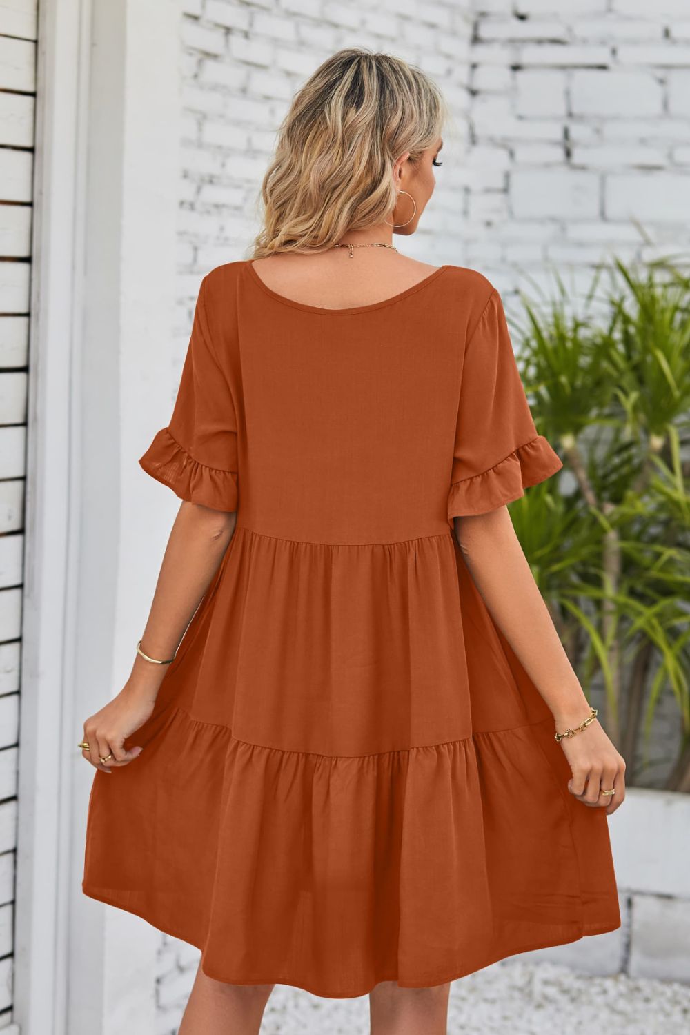 SO BOHO Full Size V-Neck Flounce Sleeve Tiered Dress