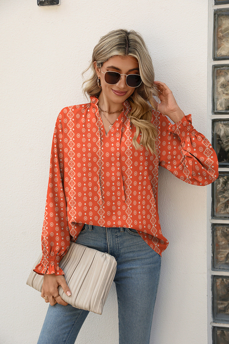 Full Size Printed Tie Neck Flounce Sleeve Blouse