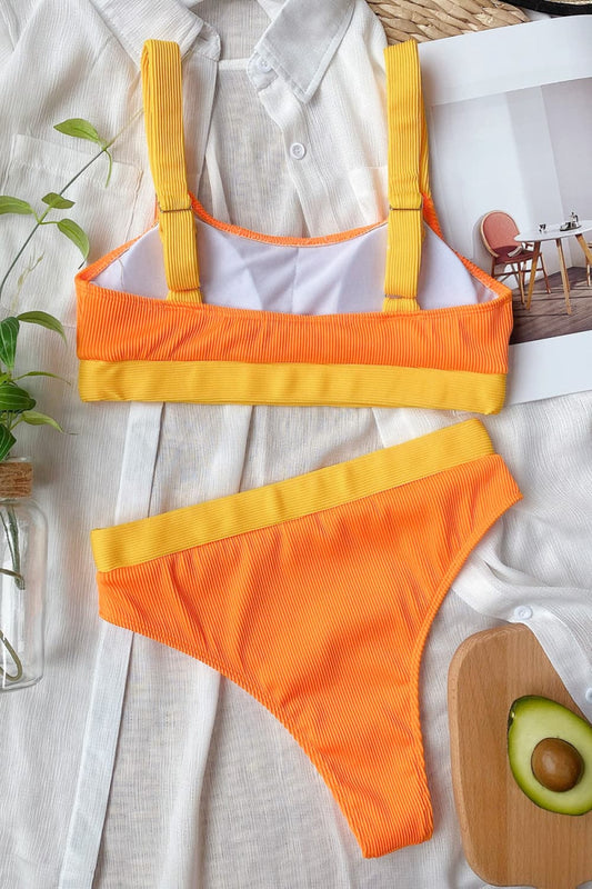 CY APPLE Color Block Scoop Neck Bikini Set