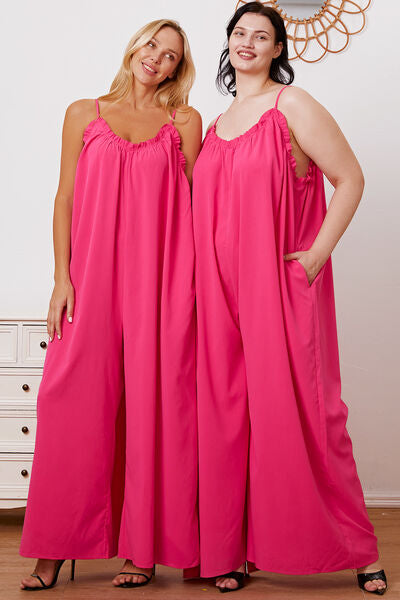 Double Take Full Size Ruffle Trim Tie Back Cami Jumpsuit with Pockets *