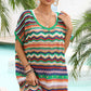 Women's Rainbow Stripe Scalloped V-Neck Cover-Up Dress