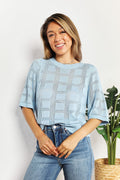 Double Take Ribbed Trim Round Neck Knit Top *