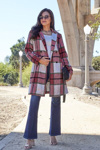 Double Take Full Size Plaid Button Up Lapel Collar Coat *