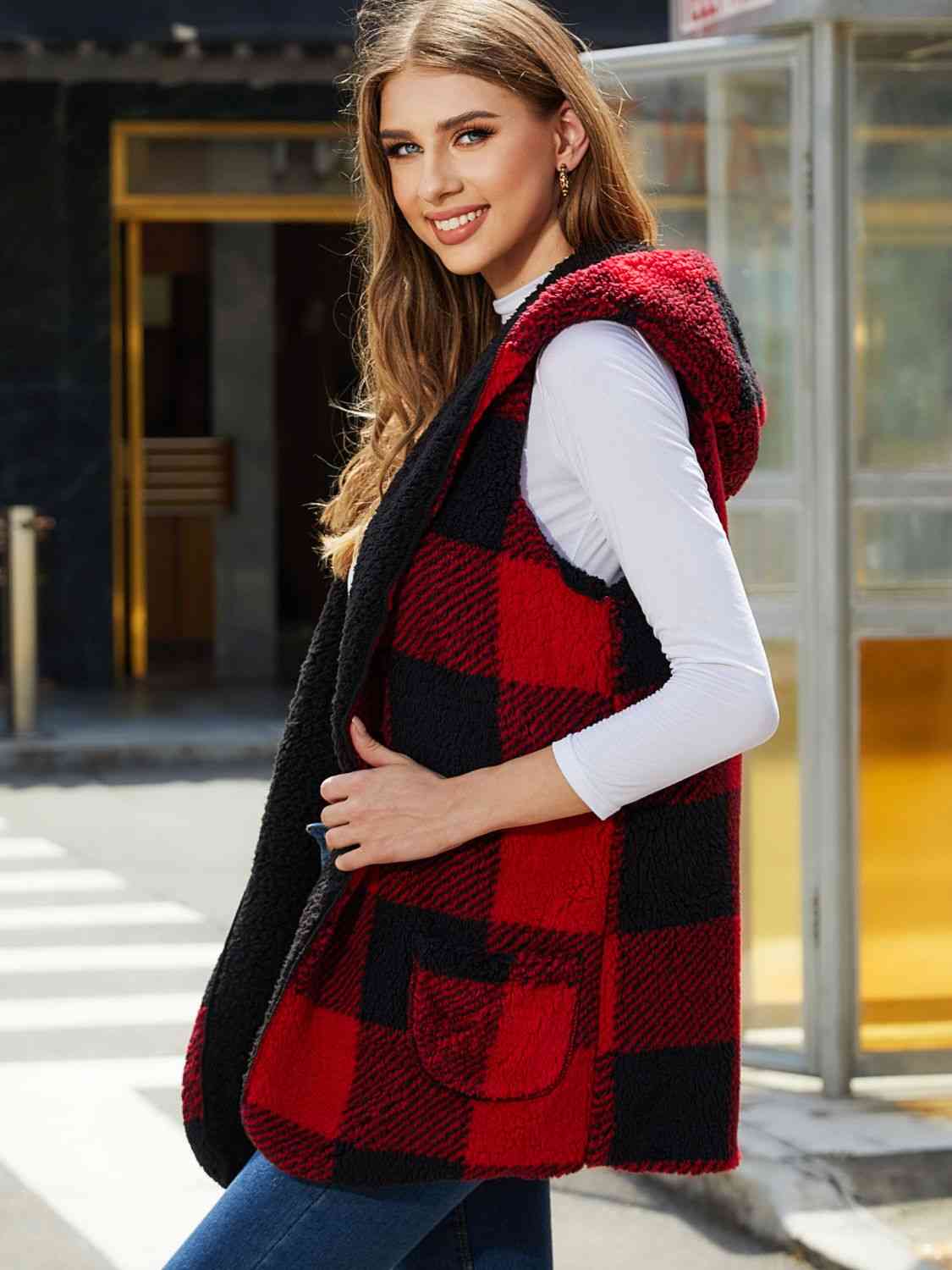 Deep Red Plaid Hooded Vest