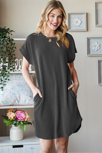 Heimish Full Size Ribbed Round Neck Short Sleeve Tee Dress *
