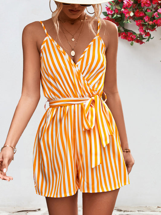 Women's Striped Tie Waist Spaghetti Strap Romper