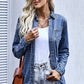 Women's Full Size Distressed Snap Down Denim Jacket