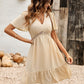Women's Swiss Dot V-Neck Openwork Puff Sleeve Dress