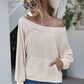 Boat Neck Waffle-knit Lantern Sleeve Blouse with Pocket