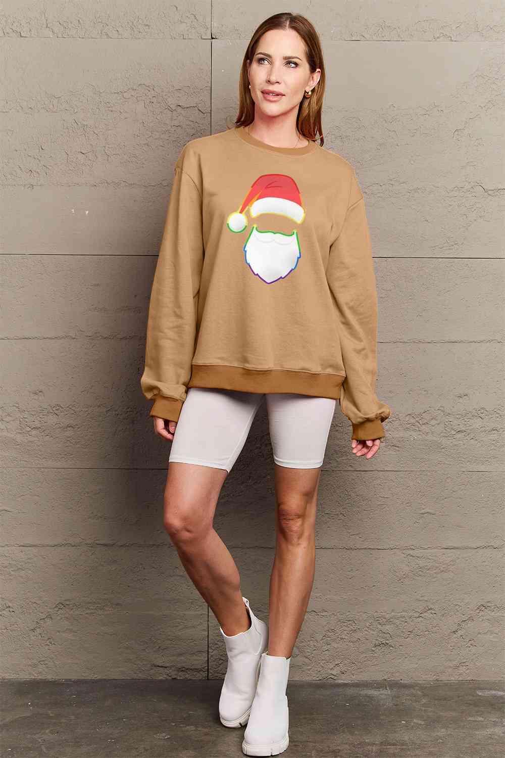 Simply Love Full Size Rainbow Christmas Santa Graphic Round Neck Sweatshirt