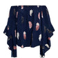 Feather Print Smocked Off-Shoulder Blouse