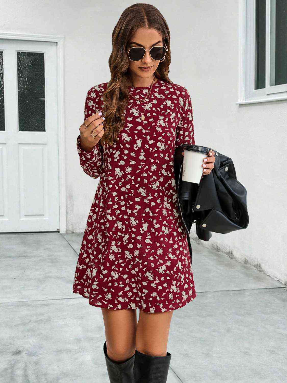 Round Neck Long Sleeve Red Mini Dress