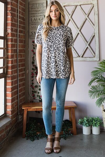 Heimish Leopard Round Neck Petal Sleeve T-Shirt *