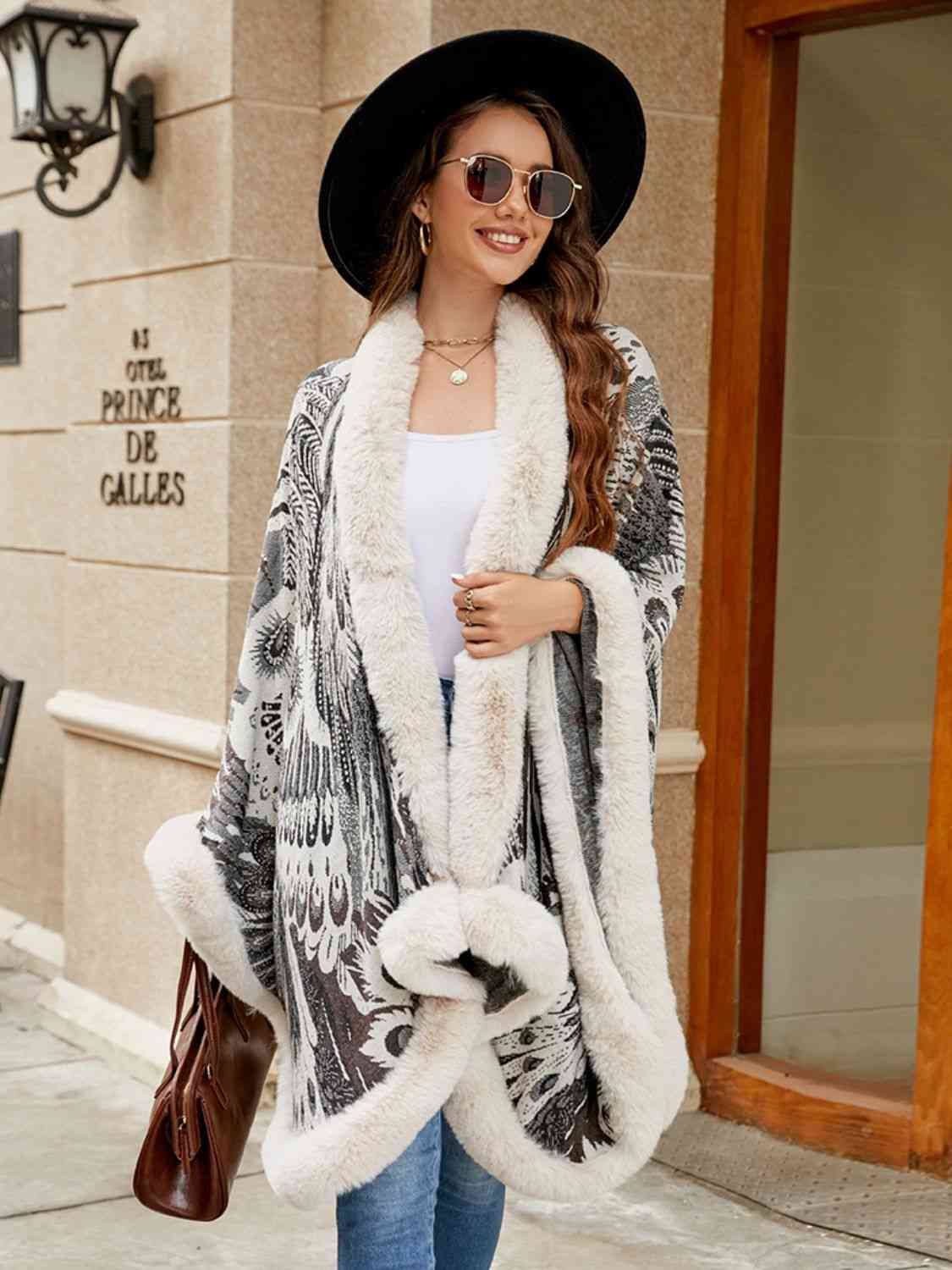 Beauty Devine Fur Trim One Size Printed Open Front Poncho