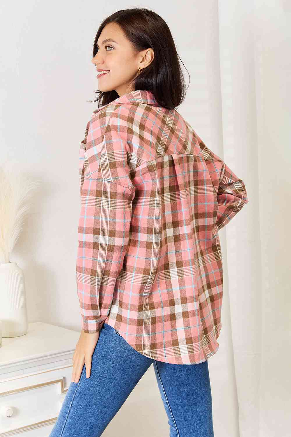 Double Take Plaid Collared Neck Long Sleeve Button-Up Shirt *