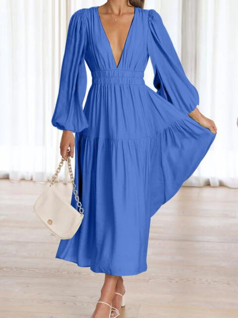 Cora Lea Deep V-Neck Balloon Sleeve Plain Maxi Dress