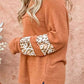 Sherbet Orange Waffle-Knit Leopard Long Sleeve Slit Blouse