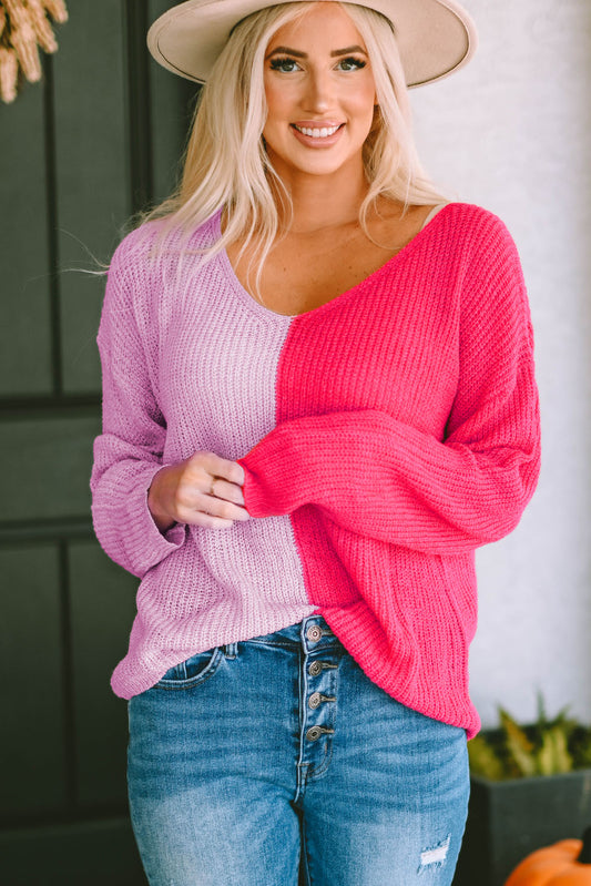 Malibu Dreams Contrast Color V-Neck Long Sleeve Pullover Sweater