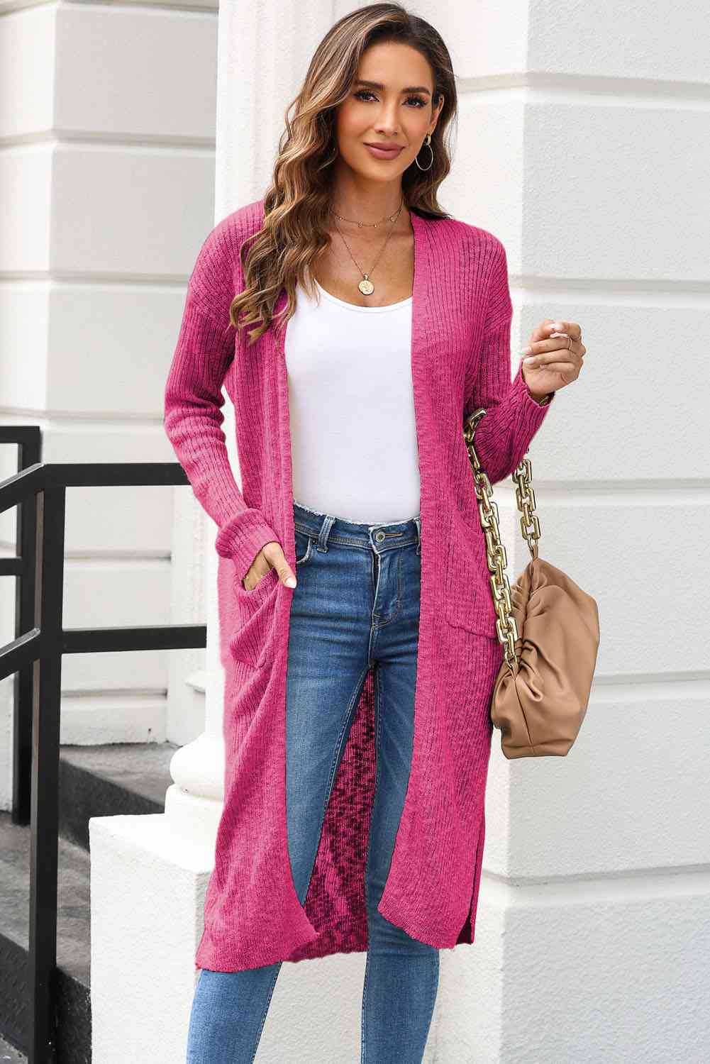 Full Size Open Front Slit Cardigan with Pockets