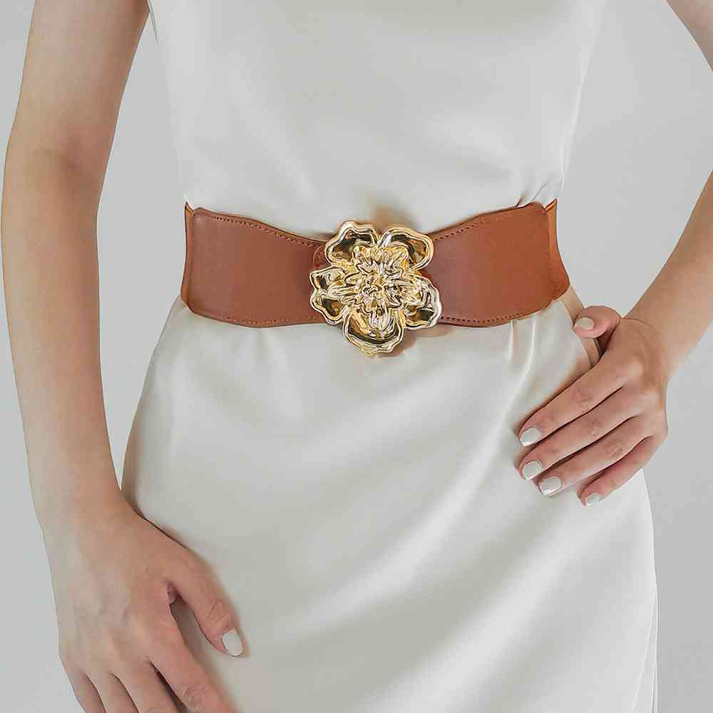 Chic Woman Flower Alloy Buckle Elastic Belt