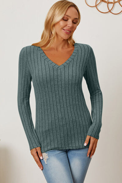 Basic Bae Full Size Ribbed V-Neck Long Sleeve T-Shirt *