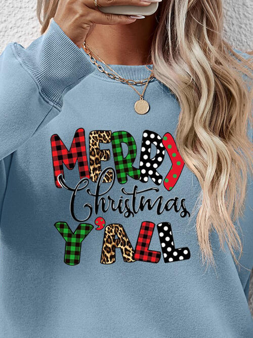 Merry Christmas Ya'll Letter Graphic Round Neck Long Sleeve Sweatshirt