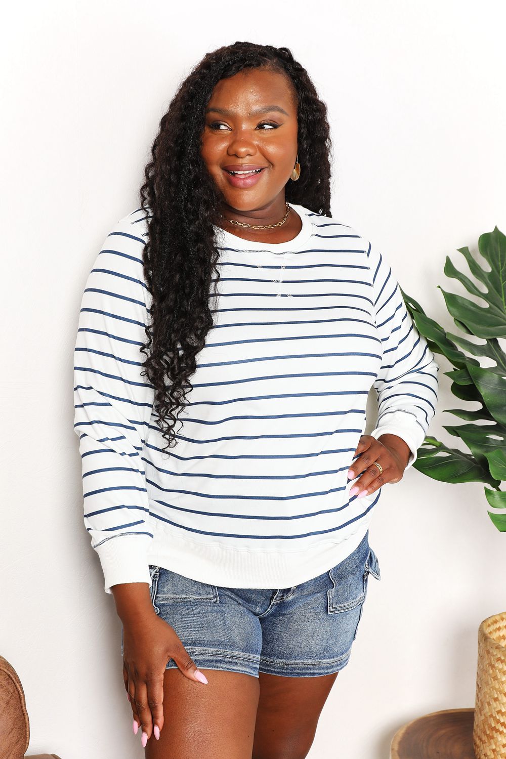 Double Take Striped Long Sleeve Round Neck Top *