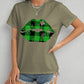 Plaid Lip Graphic Round Neck T-Shirt