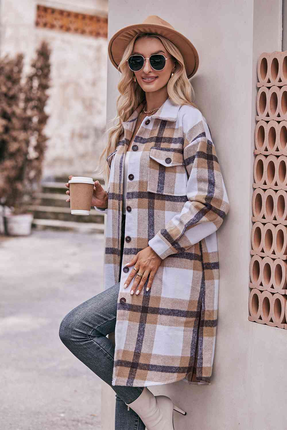 Full Size Plaid Dropped Shoulder Longline Jacket