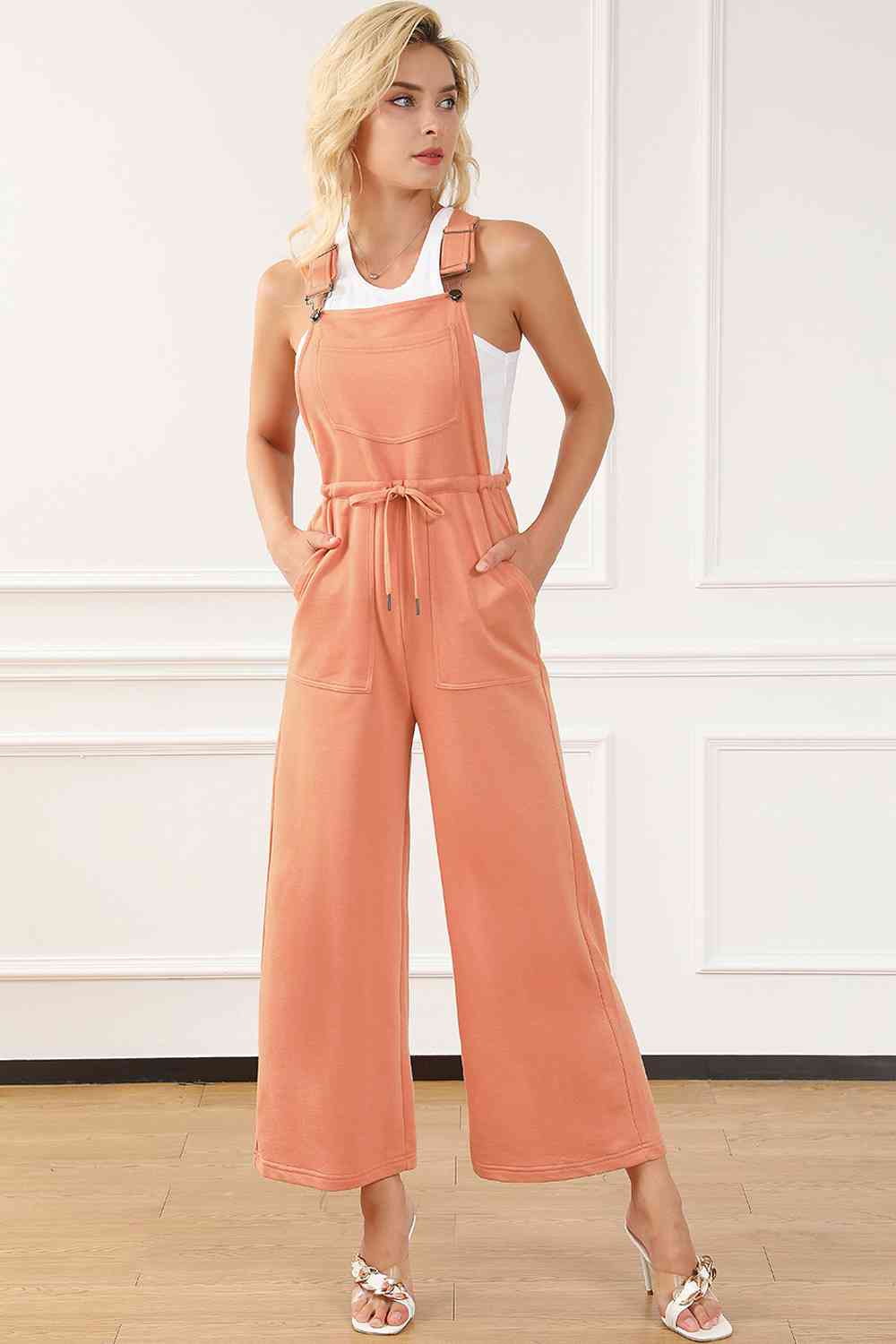 Pumpkin Orange Drawstring Overalls with Pockets