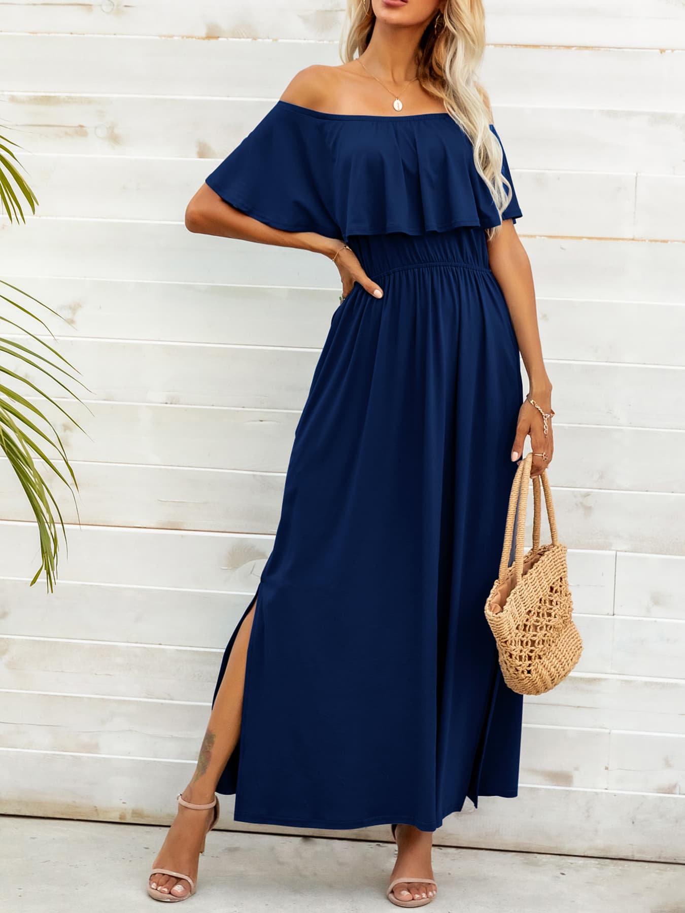 OCEANSIDE Full Size Off-Shoulder Slit Maxi Dress