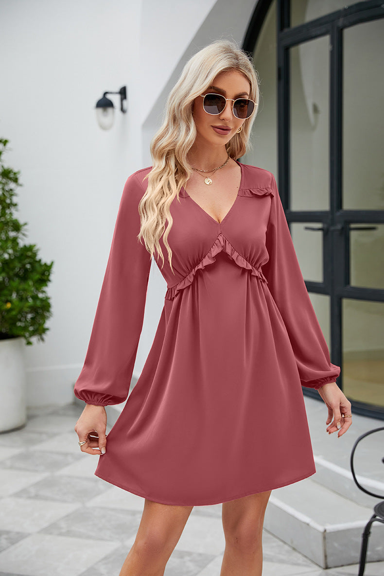 SO YOU Full Size Frill Trim V-Neck Long Sleeve Dress